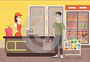 Vector illustration of man in mask in supermarket. People wearing masks during shopping in grocery shop. Quarantine time