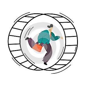 Vector illustration with man office worker who running in hamster wheel.