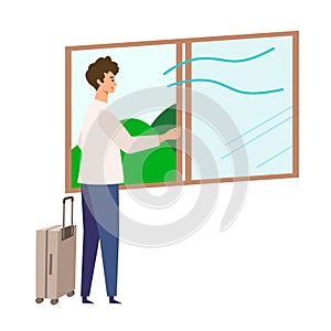 Vector illustration of man opening an open window, ventilating the room of the hotel. Concept art for â€˜Traveling in the New