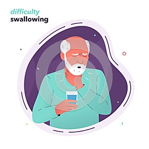 Vector illustration of a man in pain when swallowing. An elderly man suffering from dysphagia holds his throat with photo