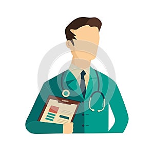 Vector illustration man physician holding clipboard wearing blue coat with stethoscope. Medicine healthcare medical education