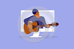 Vector illustration of man playing guitar online from computer screen