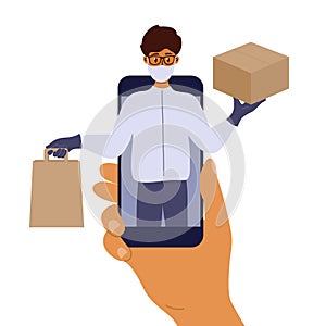 Vector illustration with man in protective face mask for contactless safe delivery service