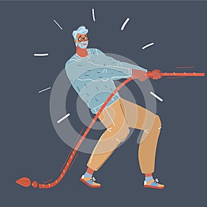 Vector illustration of man pulling a rope tug of war, isolated dark background