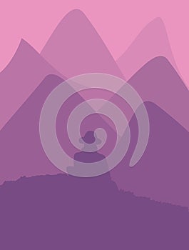 Vector illustration of a man sitting on a hill with a view of a beautiful mountain.