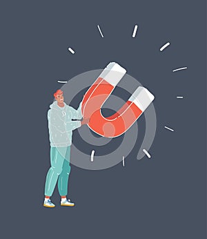 Vector illustration of man, standing with big magnet in him hands