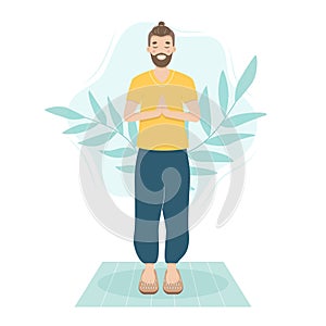 Vector illustration of man standing on sadhu board. Male joga practice in spiritual pose and meditate on nails. Wooden