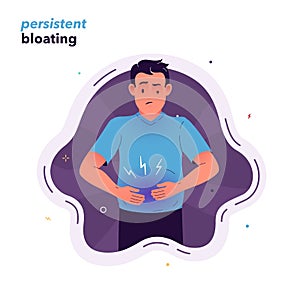 Vector illustration of a man suffering from bloating. The man experiences constant bloating. Symptoms of irritable bowel