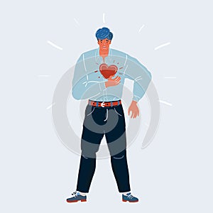 Vector illustration of man with suffering pain from a heart or anxiety attack on white background.