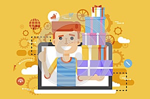 Vector illustration man thumbs up in laptop notebook with lot of shopping packing boxes of gifts in flat style