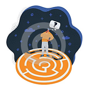 Vector illustration of man try to find a path through a maze puzzle to a solution