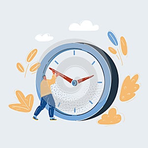 Vector illustration of man and trying to stop time.