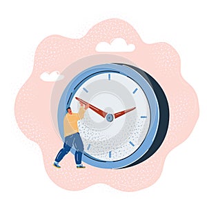 Vector illustration of Man trying to stop time. Stopping minute on a big clock. Immortality and business deadline