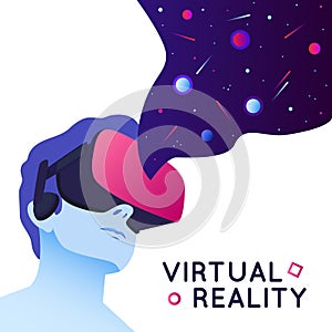 Vector illustration of man wearing virtual reality headset. Abstract VR modern illustration with space elements