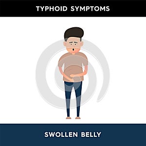 Vector illustration of a man who has bloating. Problems with the gastrointestinal tract, flatulence. Symptoms of typhoid fever.