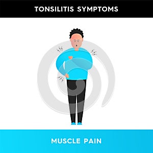 Vector illustration of a man who has muscle pain in different parts of the body. The person experiences pain and weakness in the