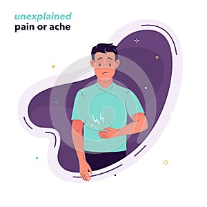 Vector illustration of a man who keeps his hand on his stomach. A man is experiencing unexplained symptoms and pain. The