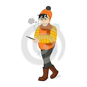 Vector Illustration of a Man in Winter Clothes Shivering Hard Because of the Cold. Freezing man tries to call a taxi