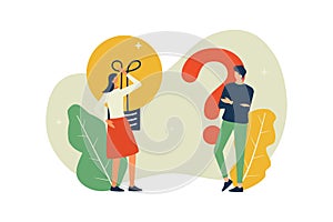 Vector illustration, man and woman thinking for solution, problem solving concept