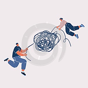 Vector illustration of Man and woman untangle untangle tangled threads solve relationship problem. Couple find solution