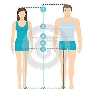 Vector illustration of man and women in full length with measurement lines of body parameters . Man and women sizes measurements.