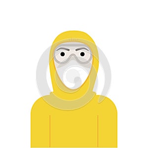 Vector illustration of a man in a yellow protective chemical suit, mask and glasses, health protection, coronavirus