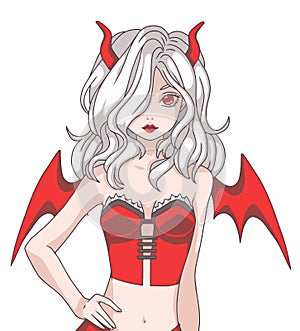 Vector illustration of Manga cartoon style girl with white hair wearing a red Halloween devil costume with wings and horns