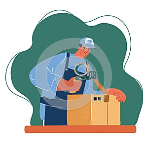 Vector illustration of manual worker at production line dealing with boxes