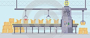 Vector illustration of manufacture interior with working smart machine with production conveyor belt. Industry concept