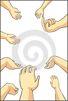 Vector illustration of many cartoon people hands trying to grab,