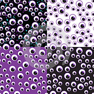 Vector illustration Many eyes seamless pattern. Happy Halloween design for children. On a black, white and purple