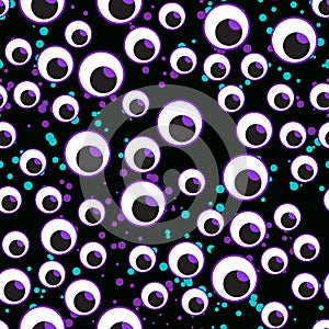 Vector illustration Many eyes seamless pattern. Happy Halloween design for children on a dark background.