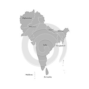 Vector illustration map of Asian countries. South region. States borders of Afghanistan, Pakistan, India, Maldives, Nepal