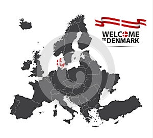 Vector illustration of a map of Europe with the state of Denmark