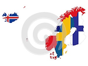 Map of North Europe-Nordic countries with national flag photo