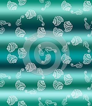 Vector illustration of marine seamless pattern.White hand drawing seahorse and sea shells on abstract wave background