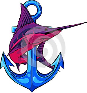 vector illustration of Marlin fish with anchor on white background