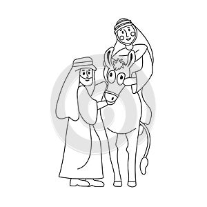 A vector illustration of Mary on a donkey led by Joseph on their travels to Bethlehem