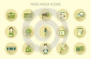 Vector illustration of Mass media journalism broadcasting news cast concept flat business icons set