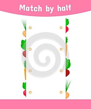 Matching game for children. Connect the halves of the vegetable. onions, beets, carrots, radishes