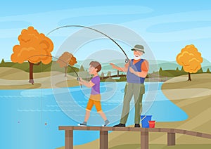 Vector illustration of mature man standing on pier with boy grandson and fishing. Autumn summer background.