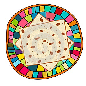 Vector illustration of matzah for Jewish holiday of Passover on the plate. Pesach unleavened bread and hand drawn ceramic stylized