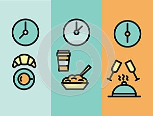 Vector illustration of meal time: breakfast, lunch, dinner. Clock and food