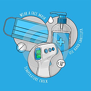 Vector illustration of measures to combat and prevent pandemic and epidemic coronavirus. WEAR A MASK, USE HAND SANITIZER