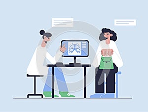 Vector illustration. Medical concept. Doctor shows a chest X-ray to the patient.