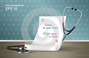 Vector illustration. Medical prescription and stethoscope on the table