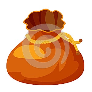 Vector illustration medieval purse, empty bag for gold and stack of golden coins. Brown leather bag icon, cartoon style