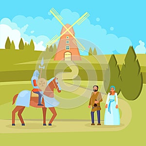 Medieval scene knight peasants vector illustration