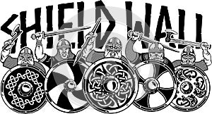Vector illustration of Medieval viking warriors shield wall formation