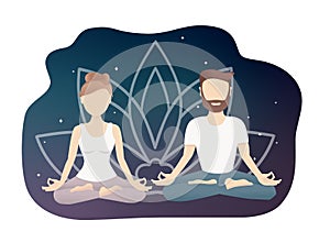 Vector illustration of a meditating couple with space background.